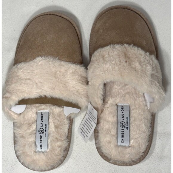 Chinese Laundry Tan Faux Fur Suede Lined Slippers Women's M/L NWT Christmas - Picture 1 of 7
